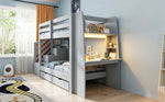 Kids Bunk Bed 90x200cm with Desk, LED & Drawers, Wooden Grey
