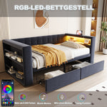 Upholstered Bed 90×190 cm LED Power Outlet Storage Drawers, Dark Grey