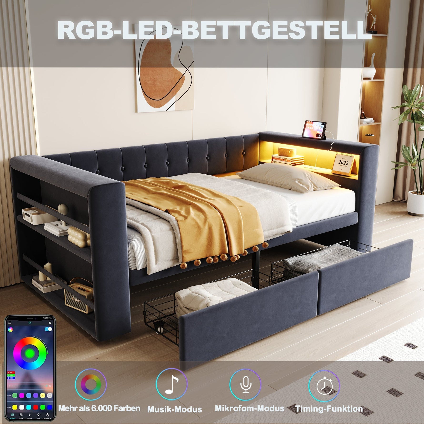 Upholstered Bed 90×190 cm LED Power Outlet Storage Drawers, Dark Grey