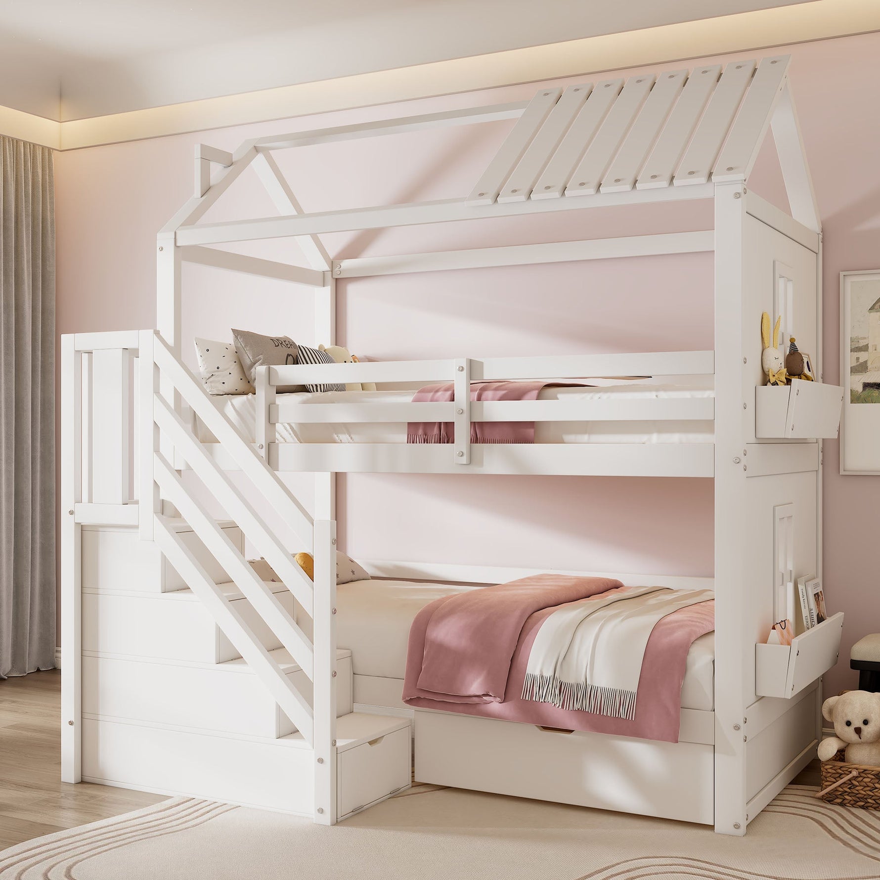 Children's Bunk Bed 90x200cm Multifunctional with Storage Stairs Drawers & Shelves Pine MDF White