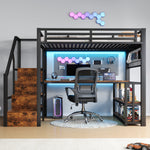 Loft Bed 140x200cm with Desk & Storage Staircase, Black Metal