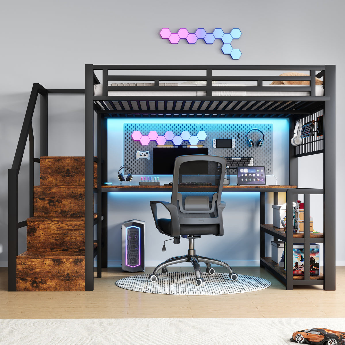 Loft Bed 140x200cm with Desk & Storage Staircase, Black Metal