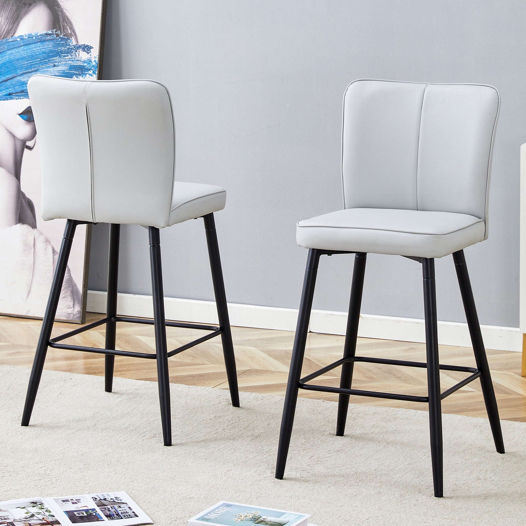 Bar Chair Set 2-Piece 101cm High Ergonomic Backrest - Light Grey PU
