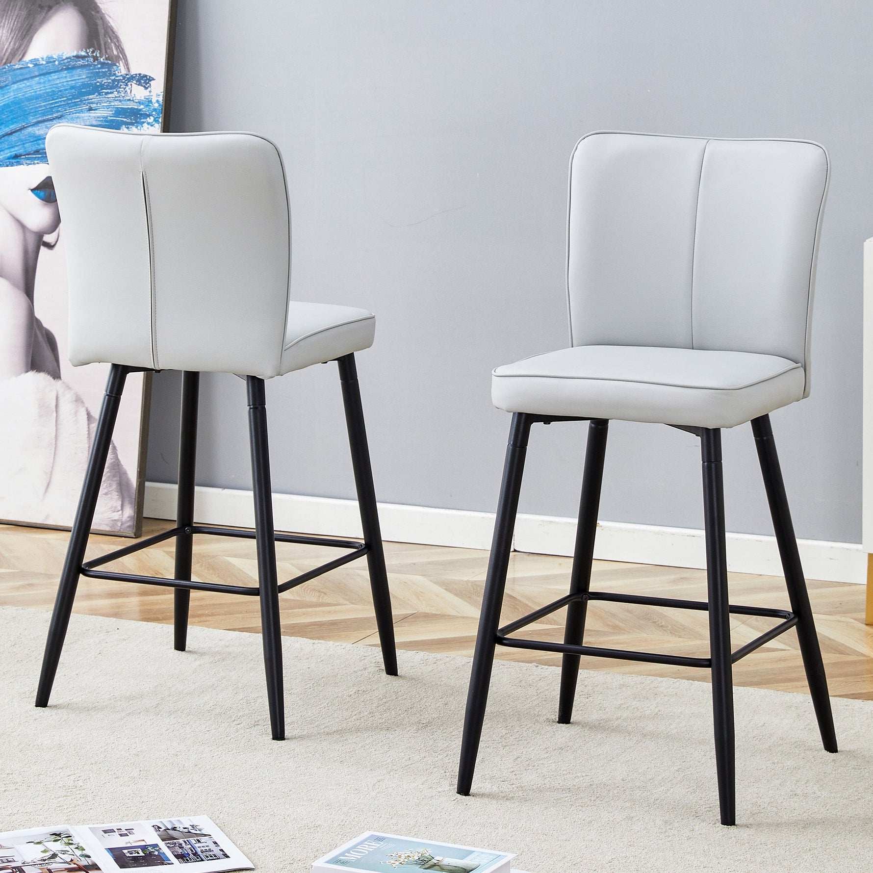 Bar Chair Set 2-Piece 101cm High Ergonomic Backrest - Light Grey PU