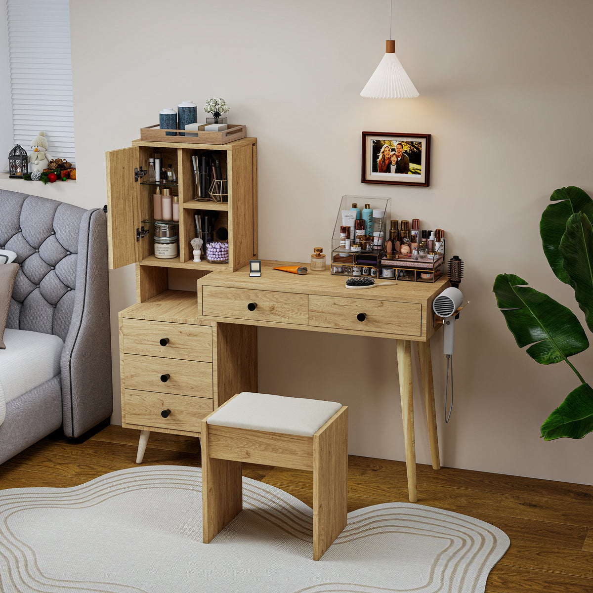 Modern Dressing Table with Retractable Mirror & Stool, Natural Wood