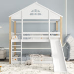 Bunk Bed with Slide & Ladder, House Bed with Fences, Solid Wood, White+Natural, 90x200cm