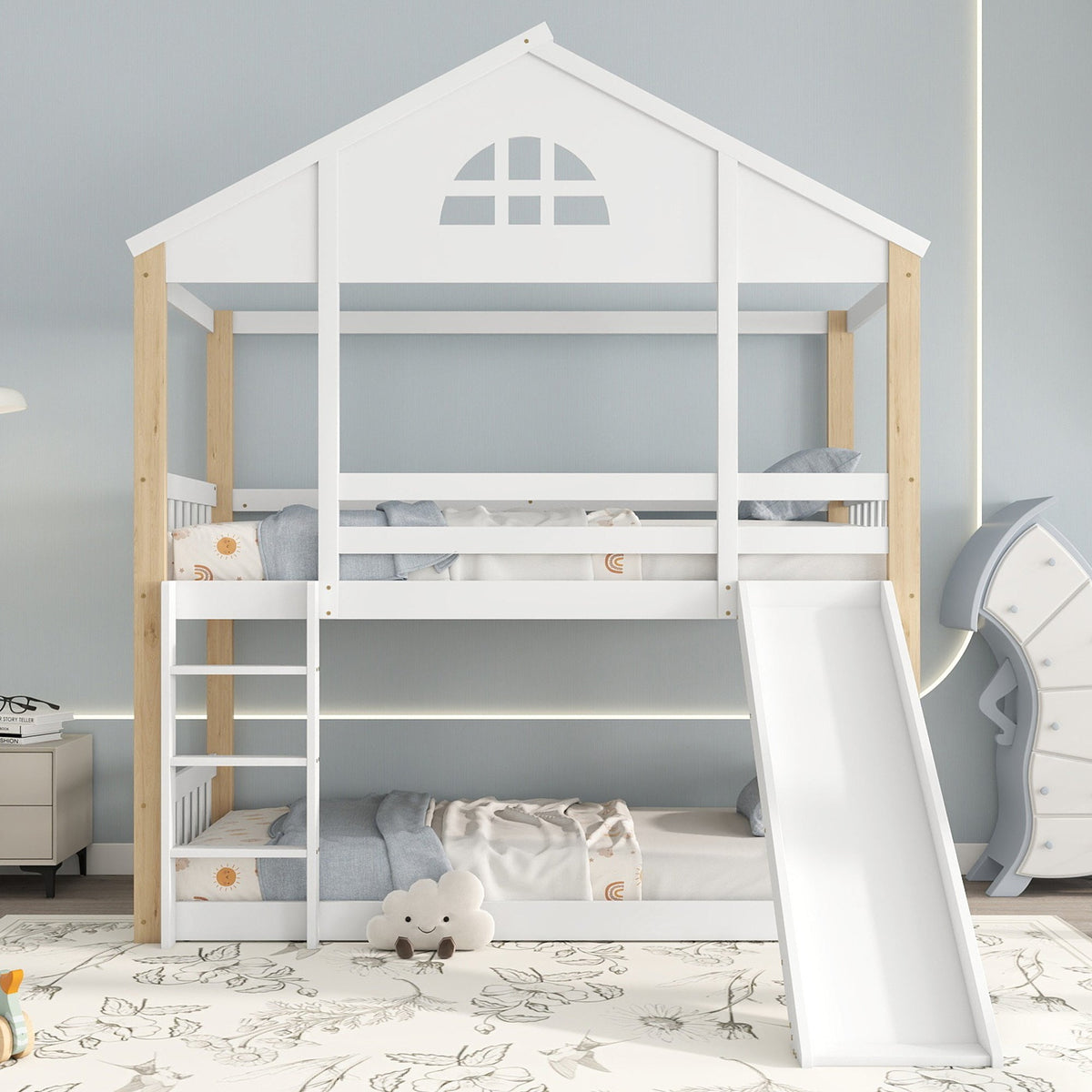 Bunk Bed with Slide & Ladder, House Bed with Fences, Solid Wood, White+Natural, 90x200cm