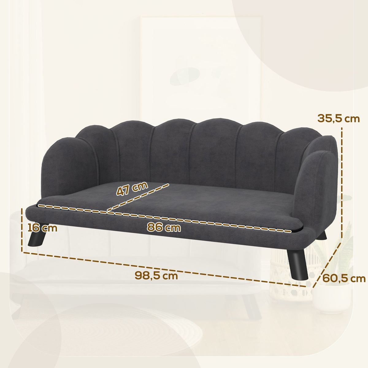 Luxury Dog Sofa, Backrest, Wooden Legs, Dark Grey