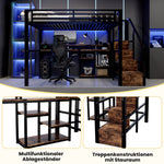 Loft Bed 140x200cm with Storage Cabinet & LED, Black Metal
