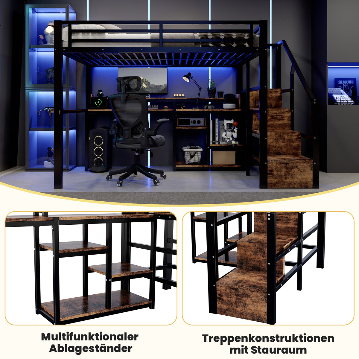 Loft Bed 140x200cm with Storage Cabinet & LED, Black Metal