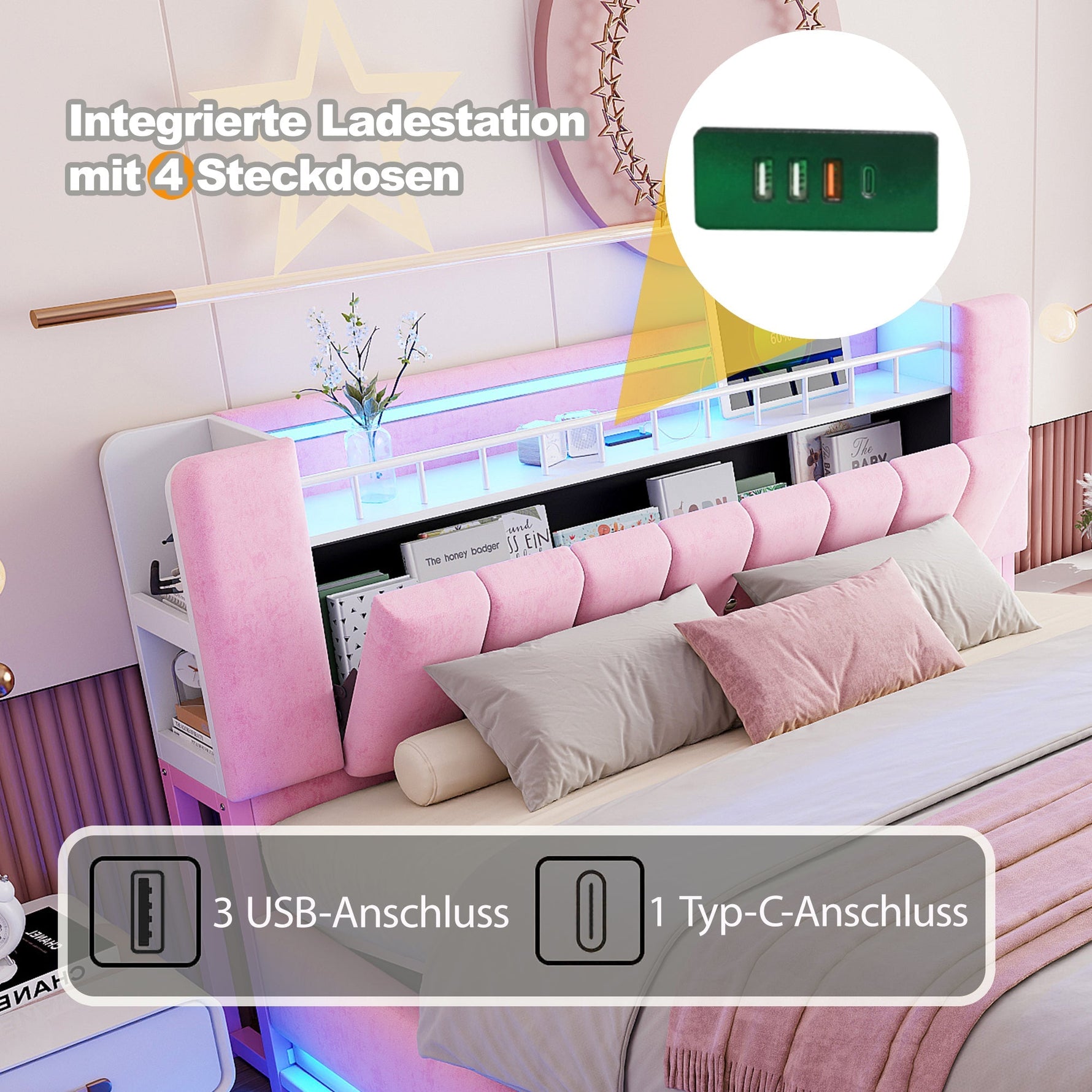 Smart Upholstered Bed with LED Lighting, USB and Hydraulic Storage, 180 x 200 cm, Pink Velvet