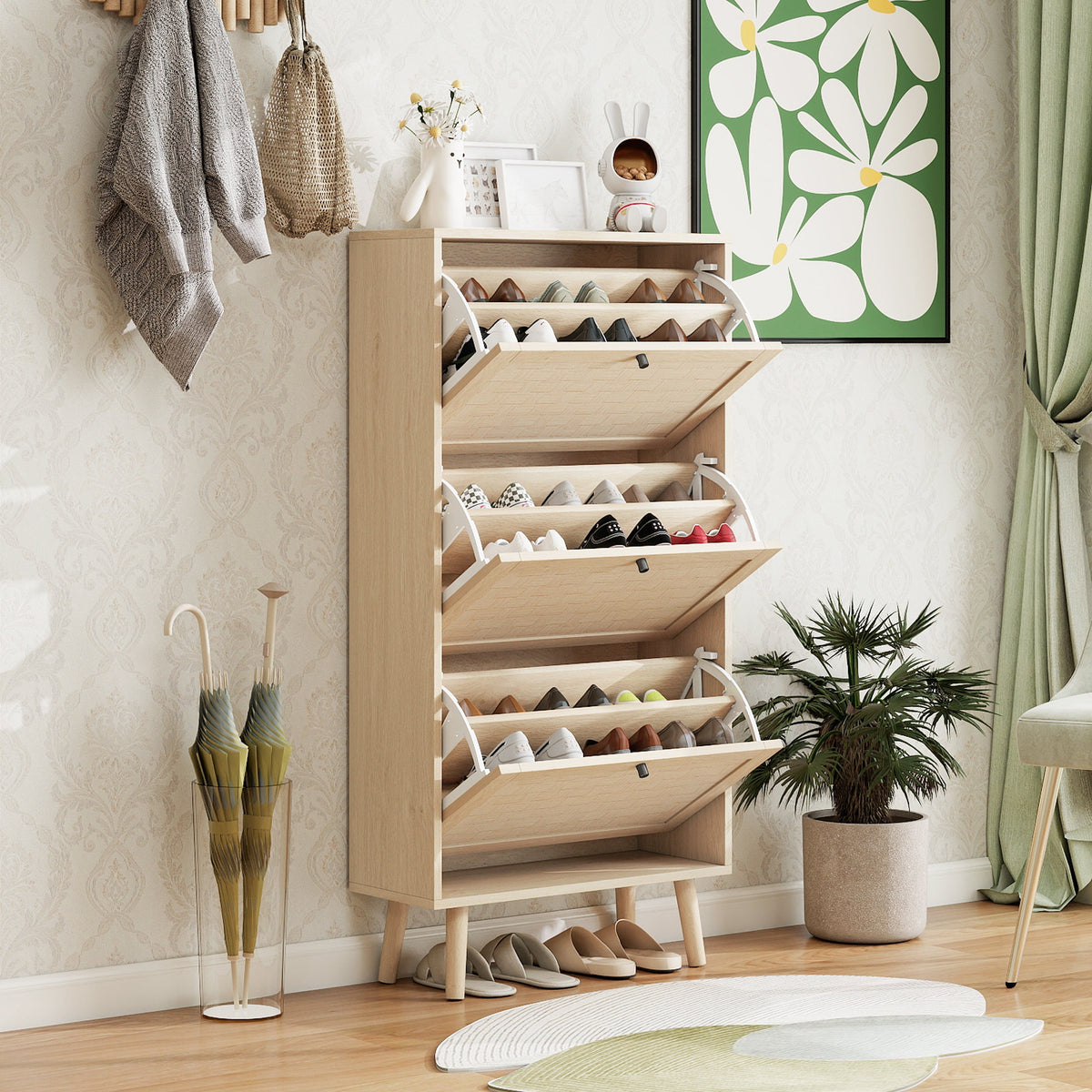 Shoe Cabinet with Three Levels, 121cm High, Natural