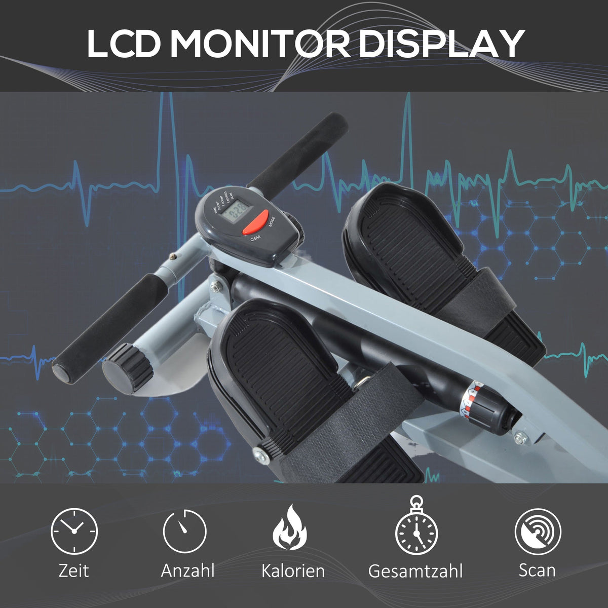 Rowing Machine, LCD Display, Steel+PVC, Gray