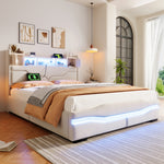 Upholstered Hydraulic Storage Bed 140x200cm LED Light, Beige