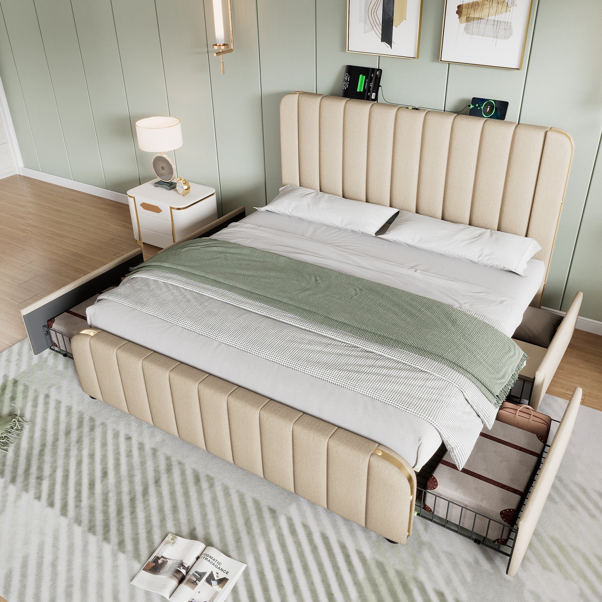 Upholstered Bed with Padded Headboard, USB Type-C, 4 Drawers, 140x200cm, Beige Linen