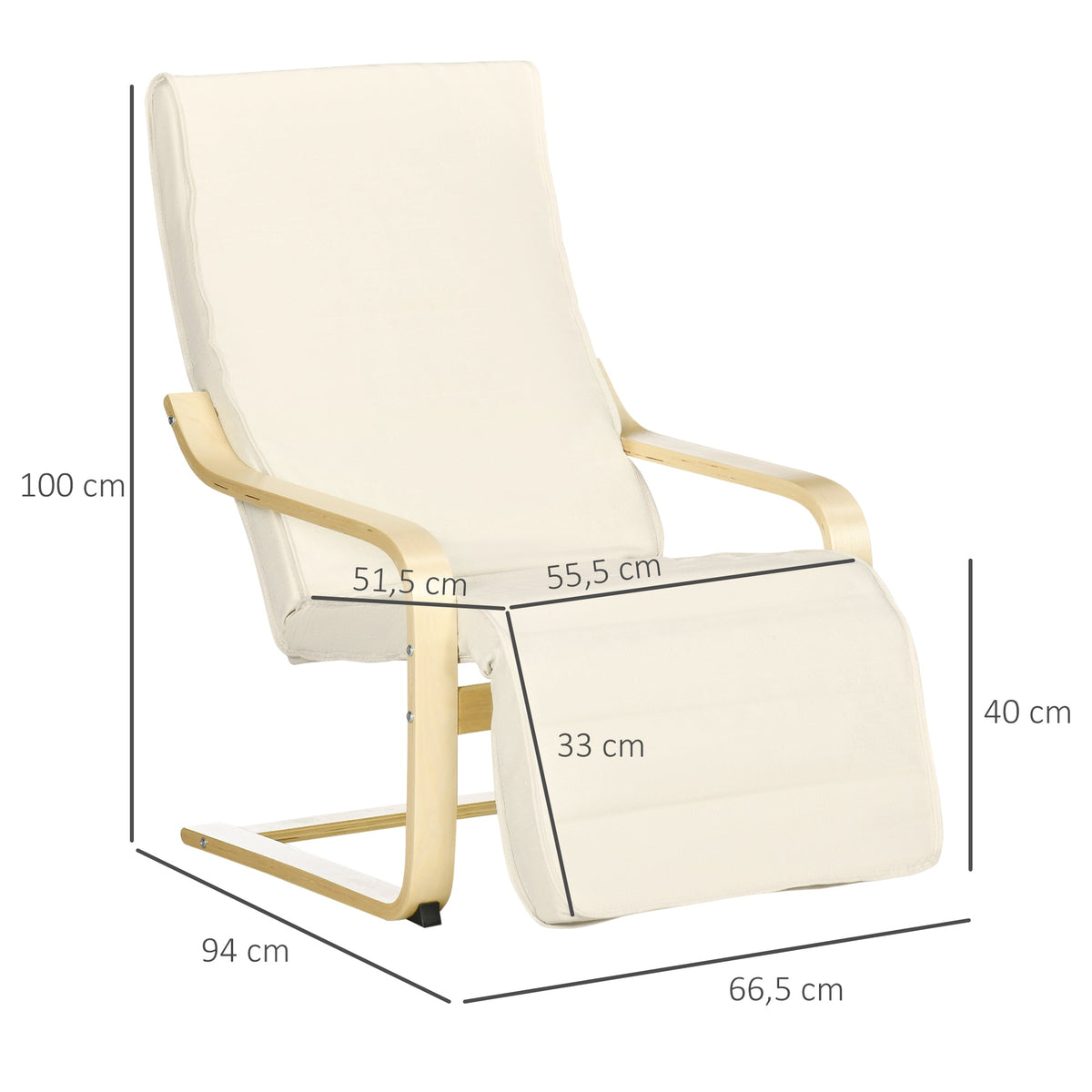 Recliner Chair, Rocking Relaxing with Adjustable Footrest, Birch Wood Cream White