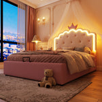 Upholstered Bed with LED Lighting and Hydraulic Storage, 140 x 200 cm, Pink PU