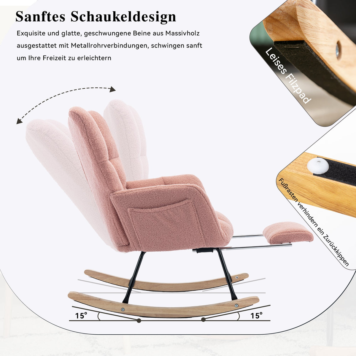 009B Rocking Chair Modern Padded Extendable Footrest Teddy Fabric Pink