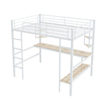 Loft Bed 140x200cm Frame with Desk & Shelves, White Metal