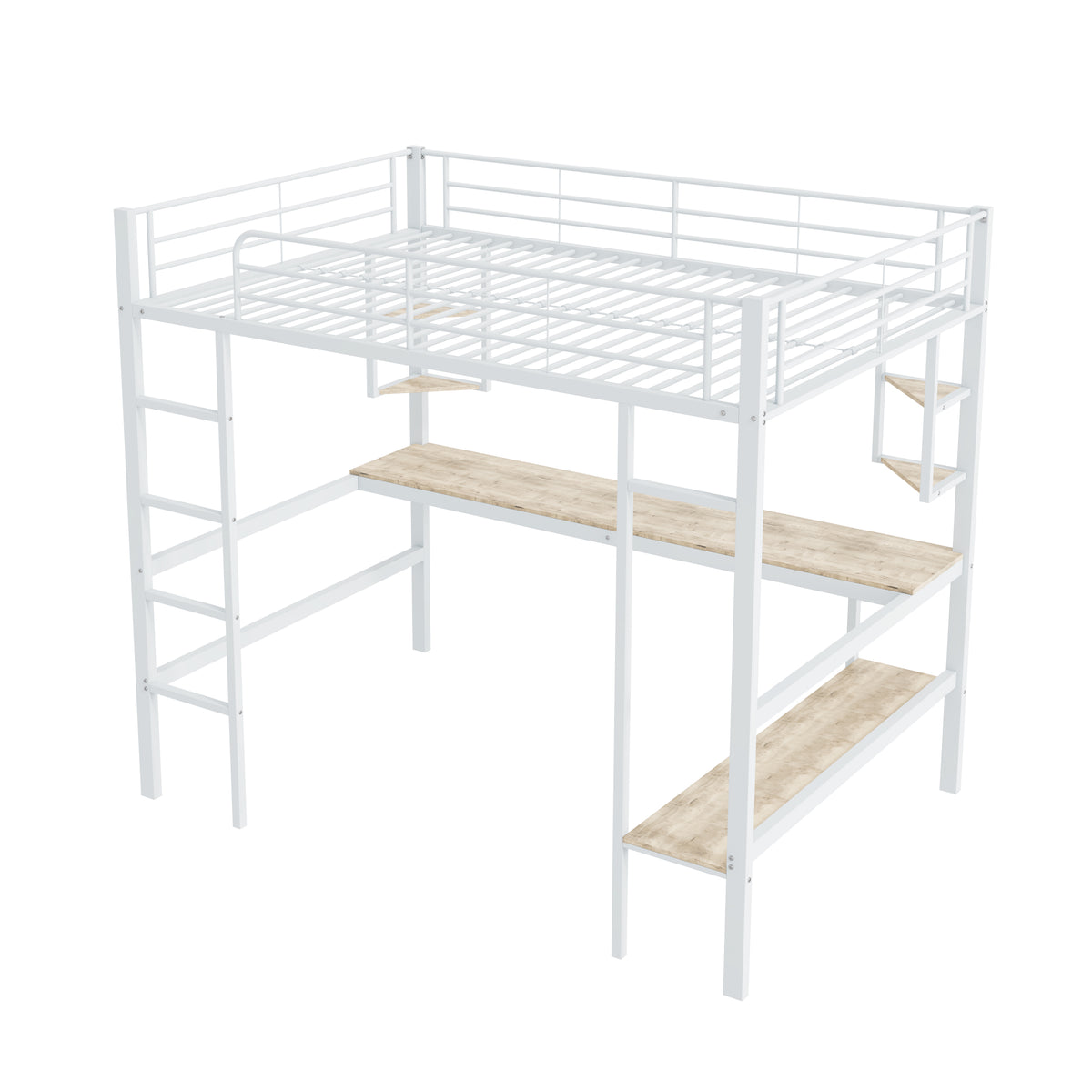 Loft Bed 140x200cm Frame with Desk & Shelves, White Metal