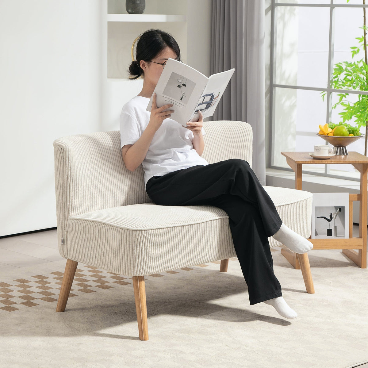 2-Seater Sofa Upholstered Lounge Wooden Legs, Corduroy Cream White