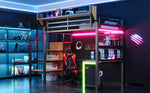 Metal Loft Bed with Desk, Shelf, LED Lighting and Socket, 90x200cm, Black Metal