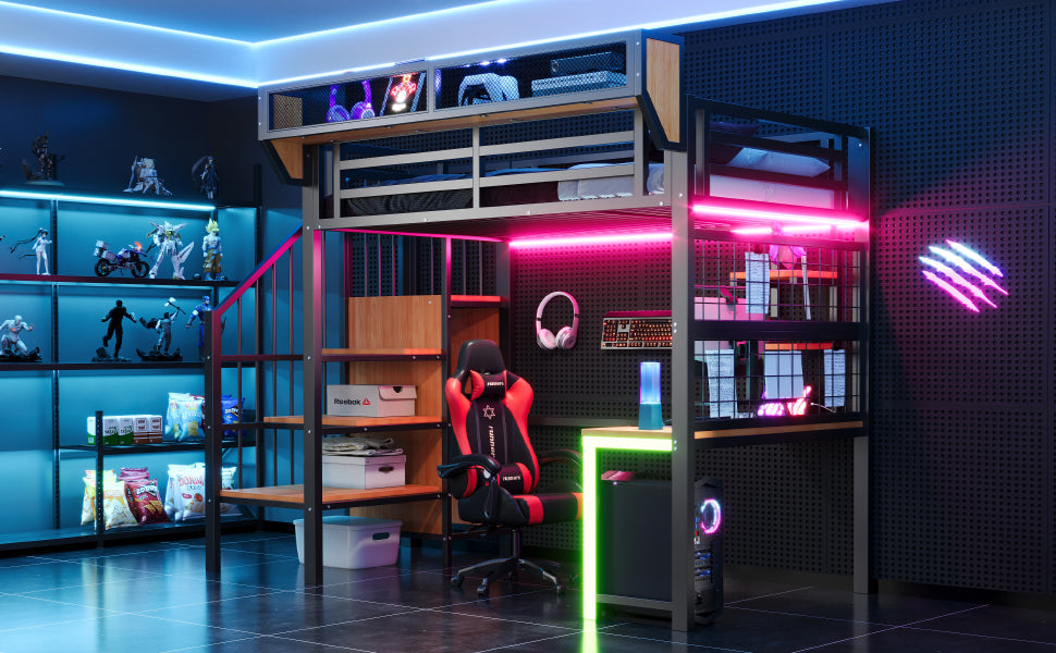 Metal Loft Bed with Desk, Shelf, LED Lighting and Socket, 90x200cm, Black Metal