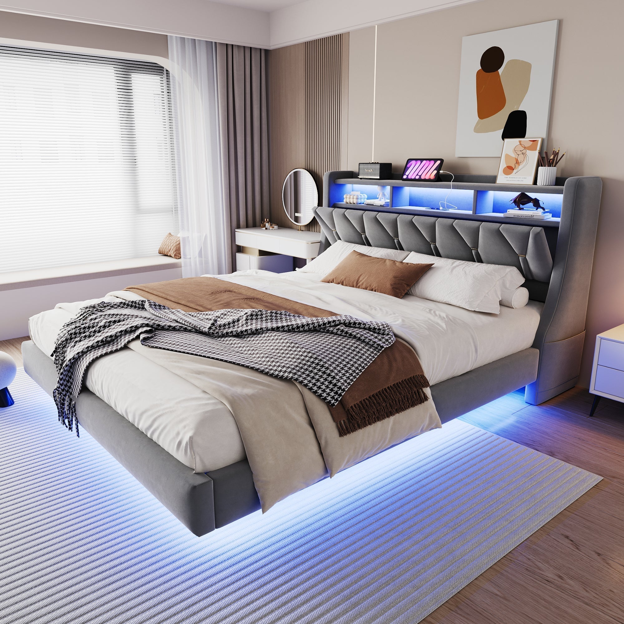 Upholstered Bed 180x200 cm, Fold-Down Headboard with Socket Storage & LED Lighting, Floating Design, Velvet Grey