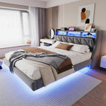 Upholstered Bed 180x200 cm, Fold-Down Headboard with Socket Storage & LED Lighting, Floating Design, Velvet Grey