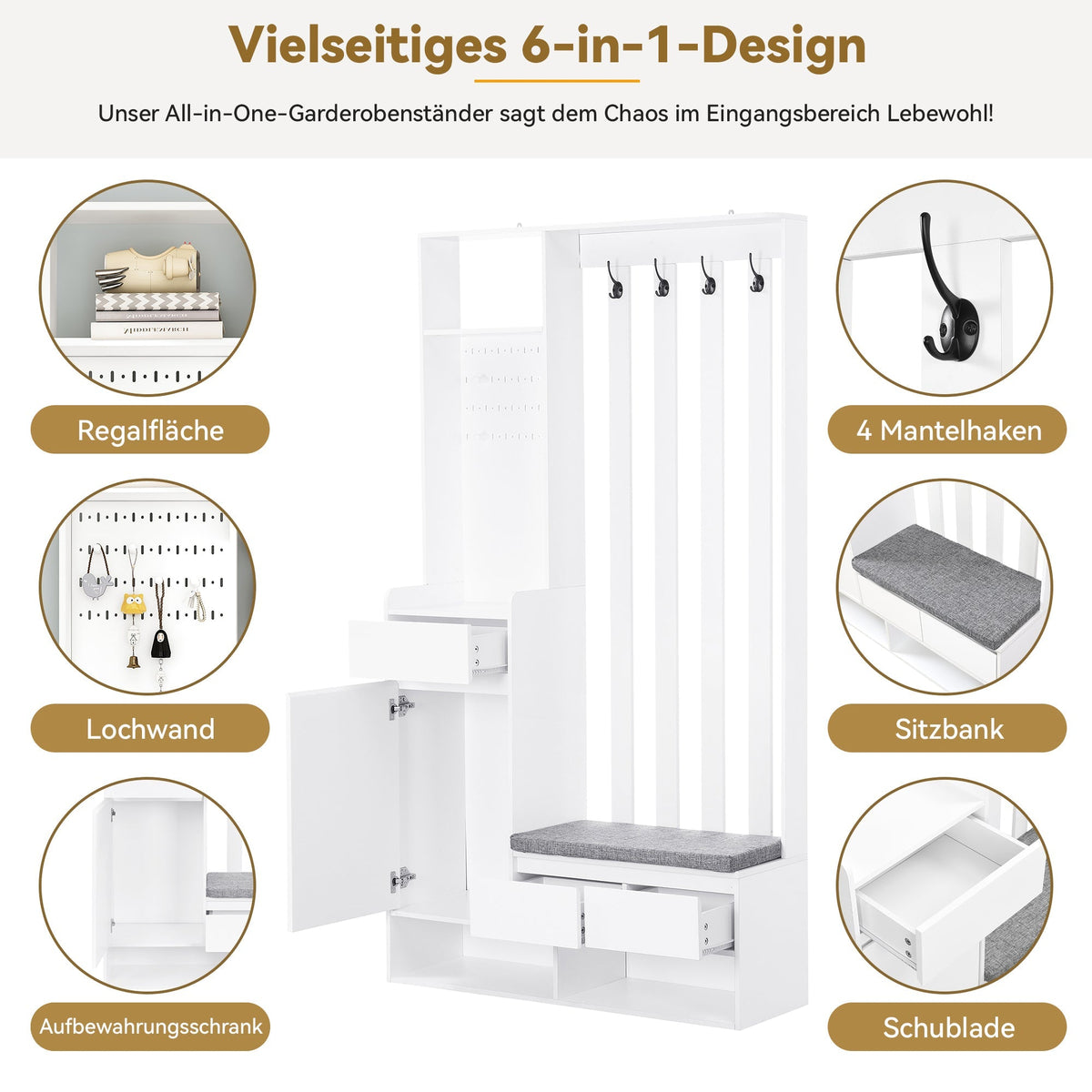 Hallway coat rack with padded storage bench and pegboard, with 4 hooks, white
