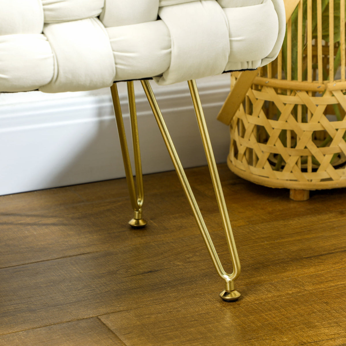 Footstool with Padded Seat, Metal Legs, Cream White Velvet