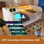 Upholstered Daybed with LED, USB-C, 2 Drawers and Storage Headboard, 140x190cm, Light Beige Linen