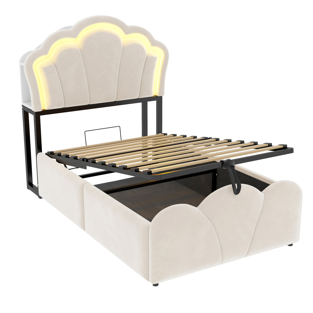 Upholstered Bed 90x200cm with Hydraulic Storage & LED, Beige Velvet