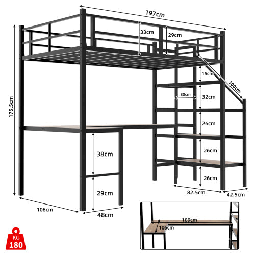 Loft Bed with L-shaped Desk, Storage & Stairs, Sturdy Metal