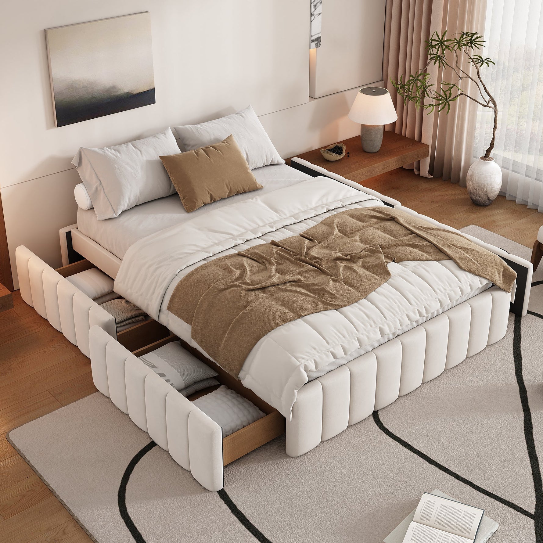 Upholstered Bed 140x200cm with Slatted Base and 4 Storage Drawers, Beige Velvet