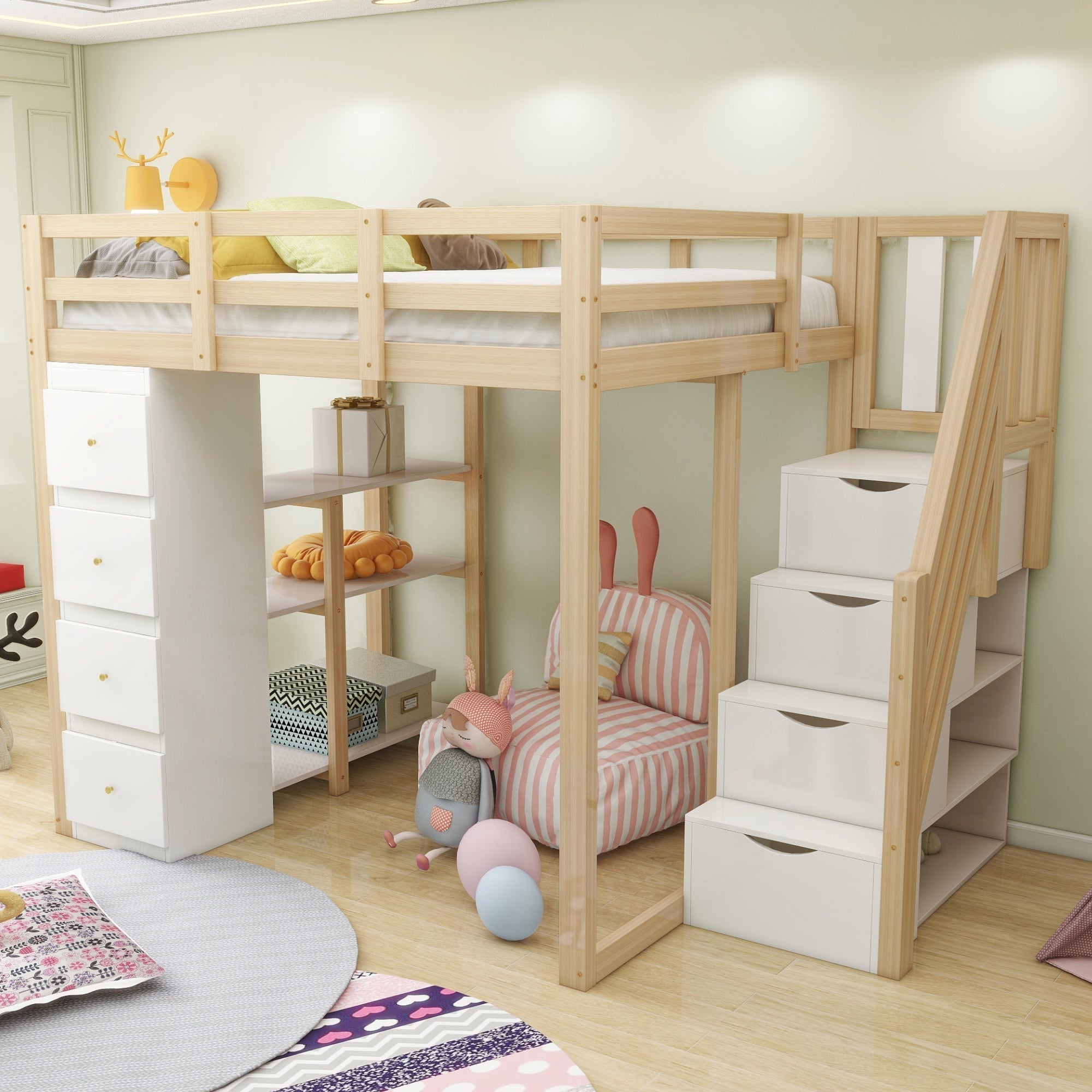 Loft Bed 140x200cm with Storage Drawers, Shelves, & Ladder, Solid Wood