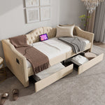 Upholstered Bed, Daybed Sofa Bed with USB C & 2 Drawers, 90x200cm Beige Velvet