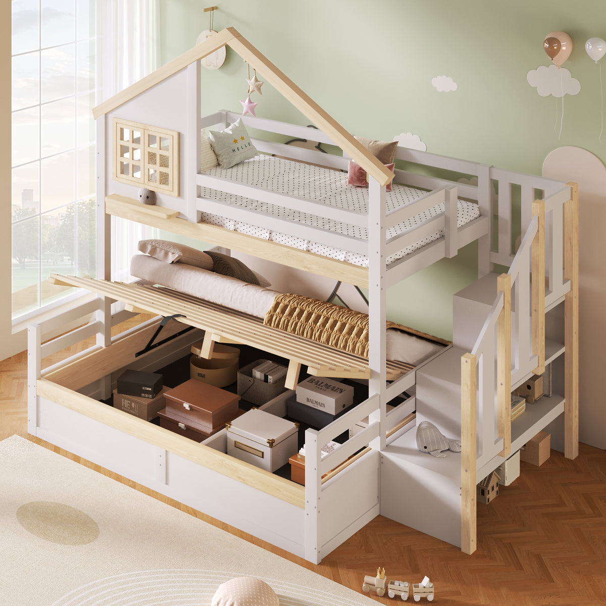 Bunk Bed 90/140x200cm with Storage Ladder & Rail, White + Natural