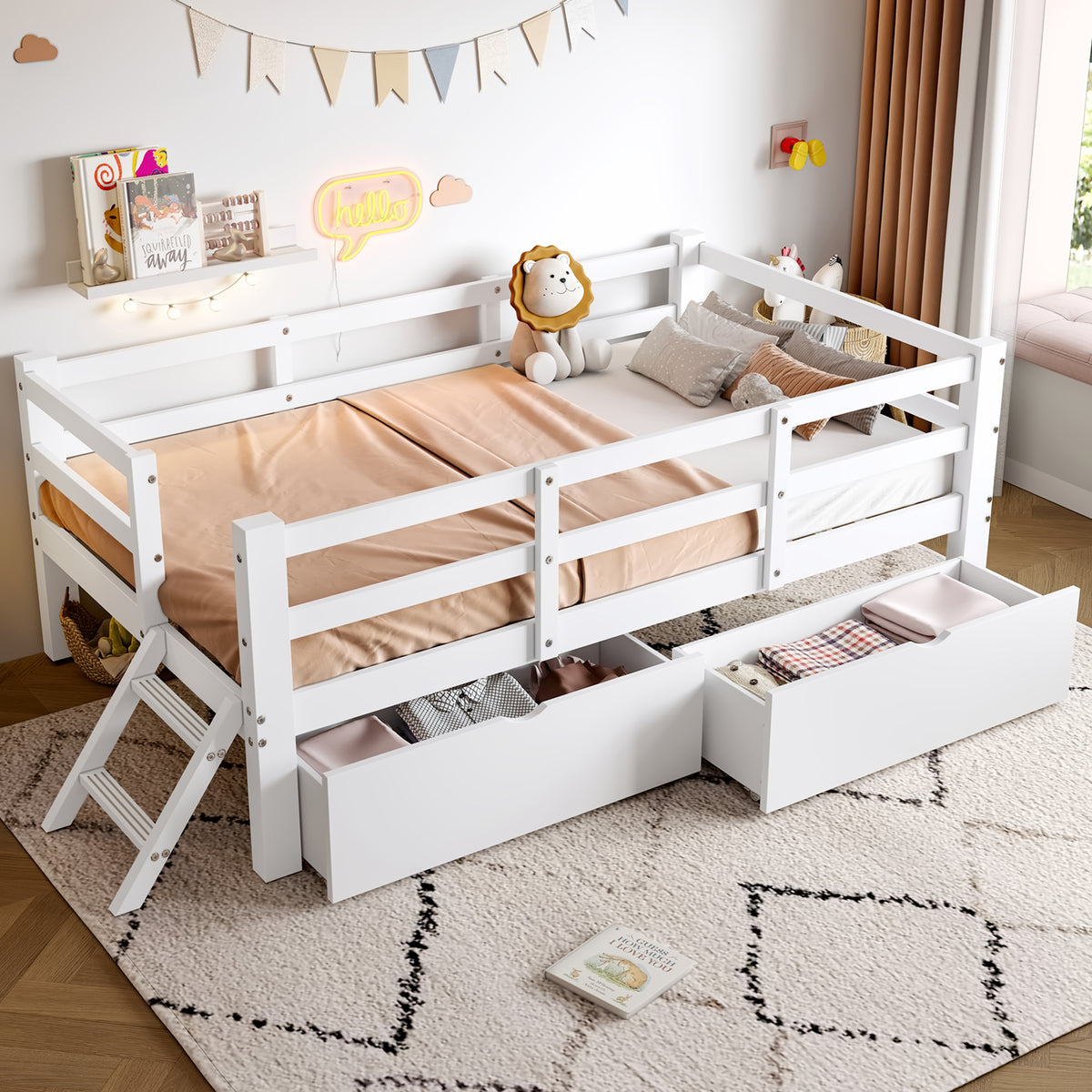 Wooden Platform Bed 90x200cm with Safety Railing & 2 Drawers, White