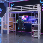 Iron Loft Bed 90x200cm with Desk, Pegboard & Storage - White