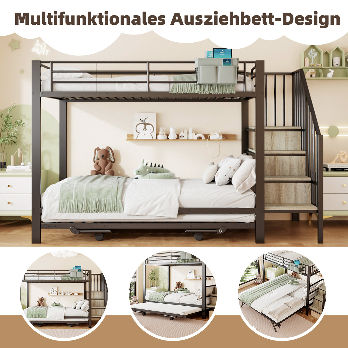 Bunk Bed with Pull-Out Bed & Storage Stairs, Black Iron Frame