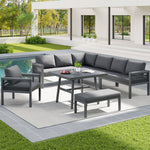 L-Shaped Garden Sofa Set Handwoven 8-Seater Iron Frame Table 2 Armchairs - Grey