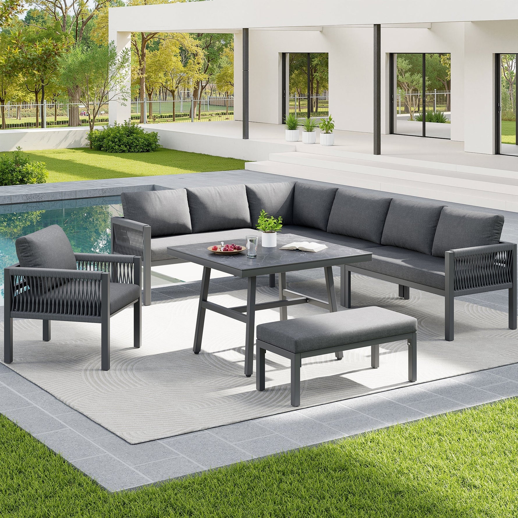 L-Shaped Garden Sofa Set Handwoven 8-Seater Iron Frame Table 2 Armchairs - Grey