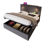 Upholstered Bed 160x200, Double Bed with Storage, Reading Light, Rivet Headboard, Gray Cotton