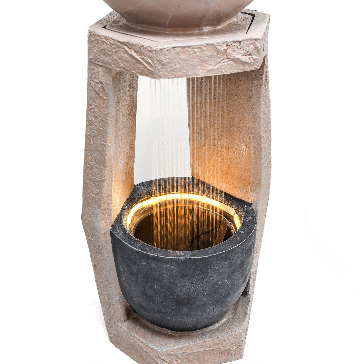 Garden Fountain with LED Lighting, Water Pump and Decorative Basin, Artificial Stone Beige