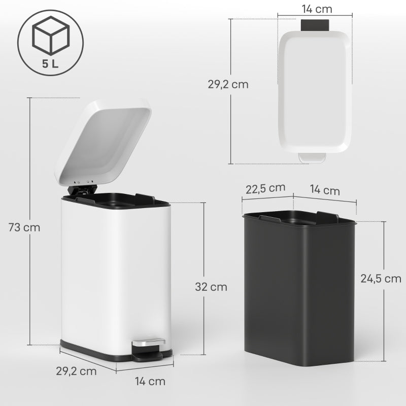 Trash Can 5L Pedal Bin with Inner Bucket, Metal, White