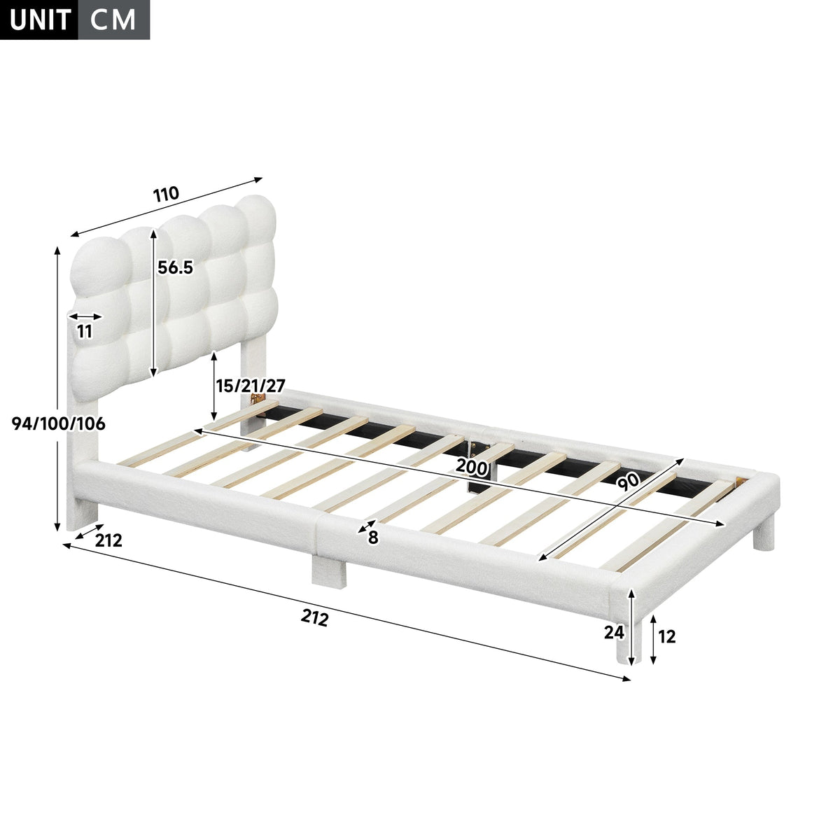 Upholstered Bed 90x200cm Triple Adjustable Headboard - White