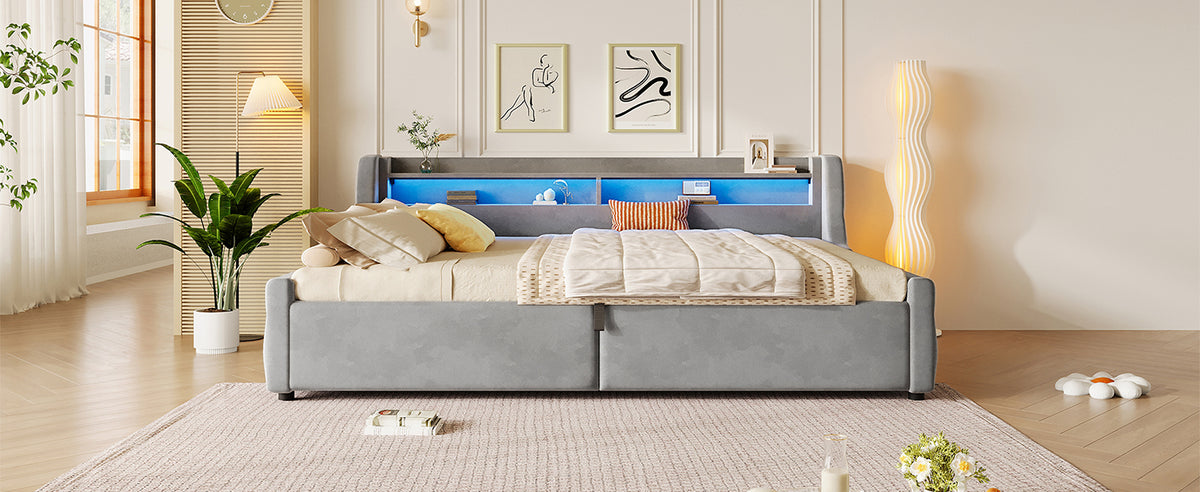 Platform Bed 140x200 with Hydraulic Storage & LED, Grey Velvet