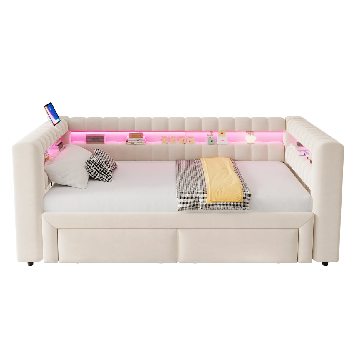 Upholstered Sofa Bed with Pull-Out Bed & Drawers, Beige Velvet