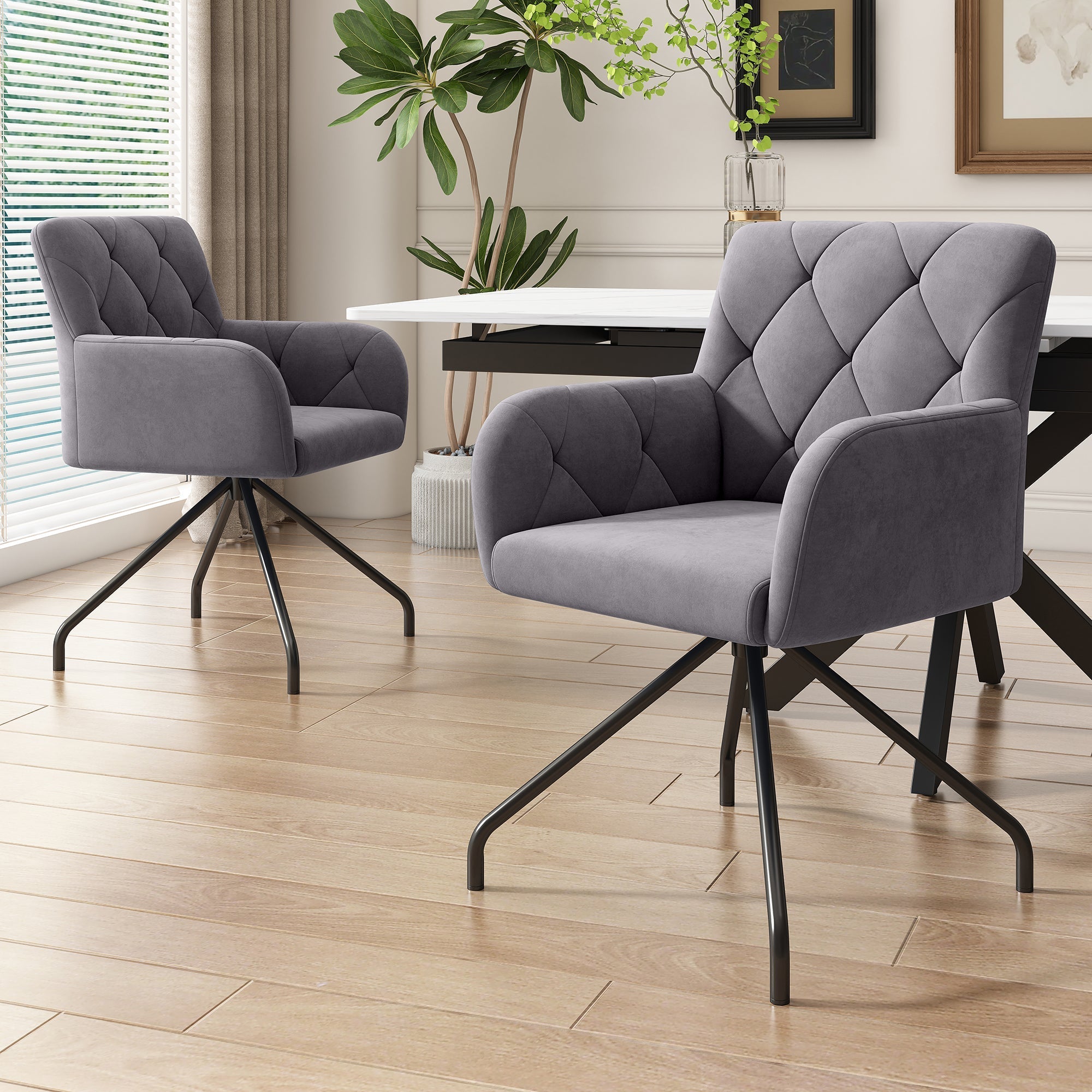 Set of 2 Dining Armchairs Upholstered Diamond Pattern Metal Legs Velvet Grey
